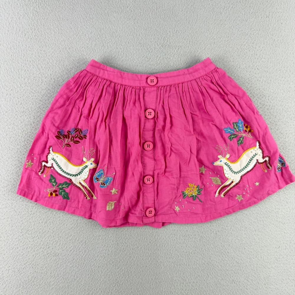 Mini Boden Deer Embroidered Skirt Girls 5-6Y Pink Button Front Cotton Whimsical